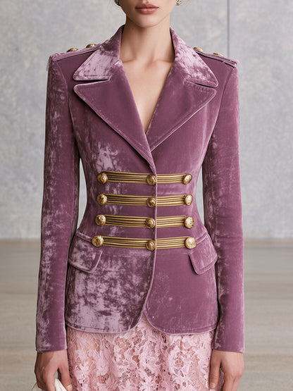 Elegant Retro Military Style Light Purple Velvet Blazer