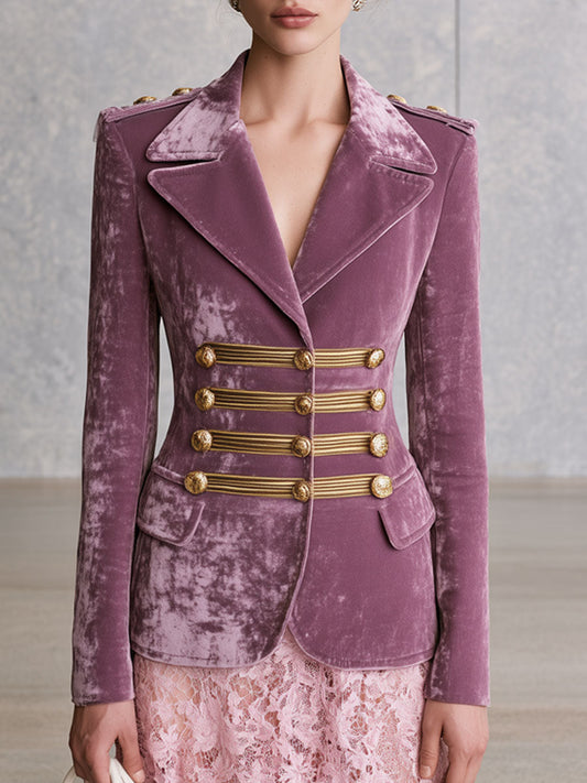 Elegant Retro Military Style Light Purple Velvet Blazer