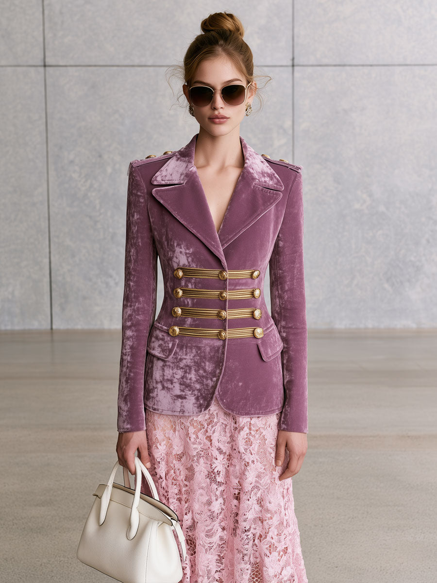 Elegant Retro Military Style Light Purple Velvet Blazer