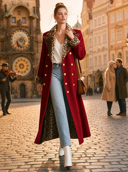 Elegant Retro Velvet Leopard Print Patchwork Red Coat