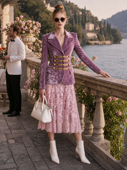 Elegant Retro Military Style Light Purple Velvet Blazer