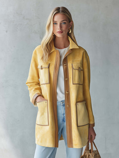 Vintage Butter Yellow Suede Barn Jacket Women Contrast PU Trim Pocket Coat