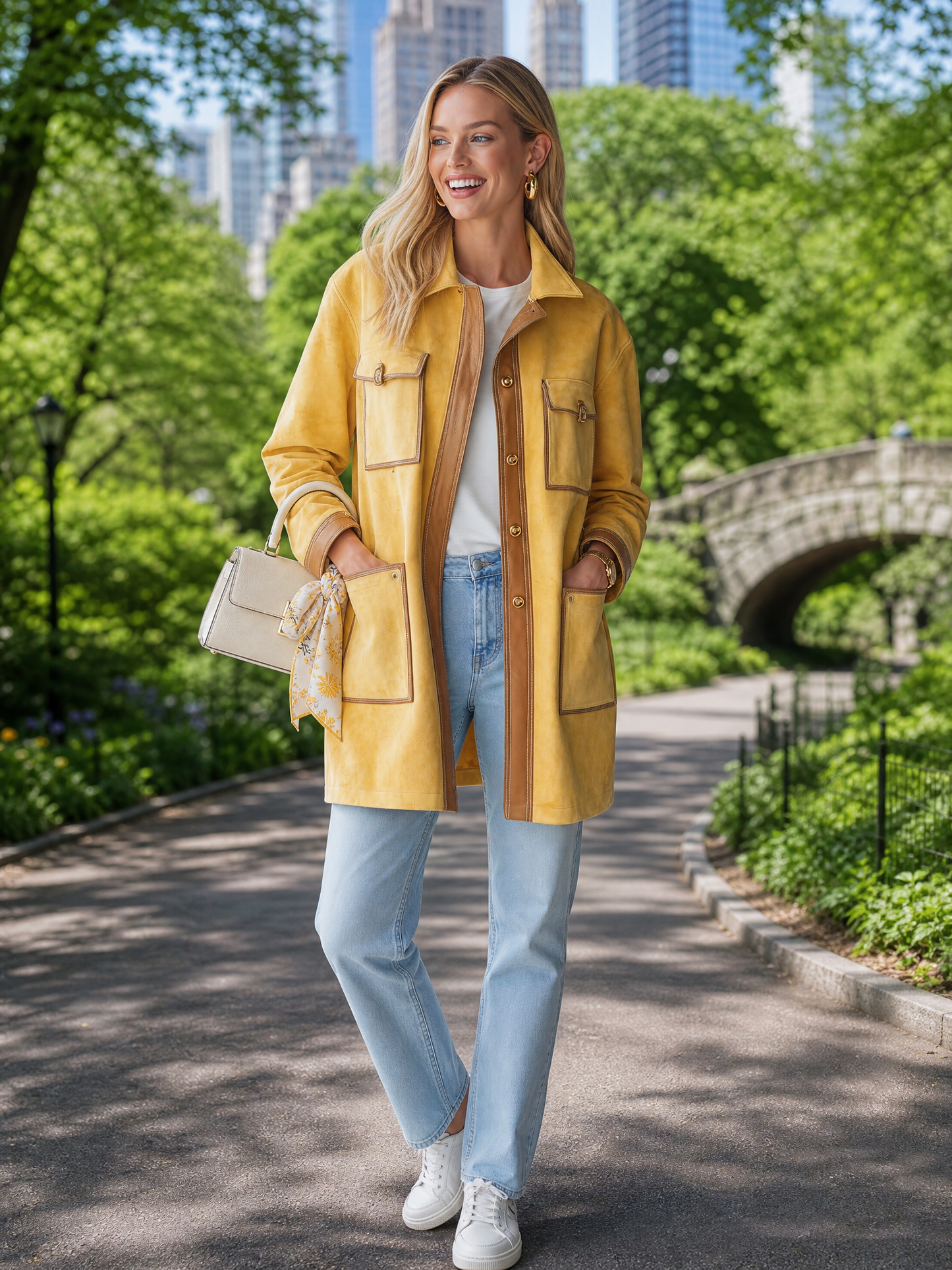 Vintage Butter Yellow Suede Barn Jacket Women Contrast PU Trim Pocket Coat