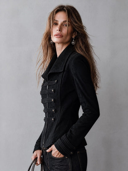 Women's Military-Style Black Faux Suede Zip-Front Napoleon Jacket