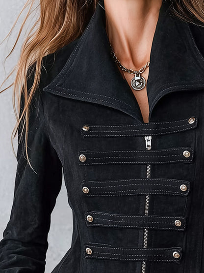 Women's Military-Style Black Faux Suede Zip-Front Napoleon Jacket