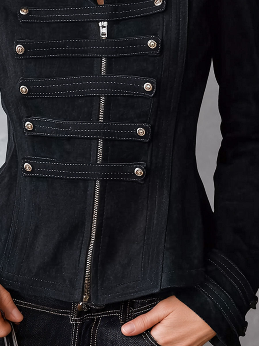 Women's Military-Style Black Faux Suede Zip-Front Napoleon Jacket