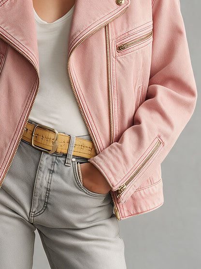 Retro Pink Collared Zip-up Denim Jacket
