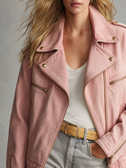 Retro Pink Collared Zip-up Denim Jacket