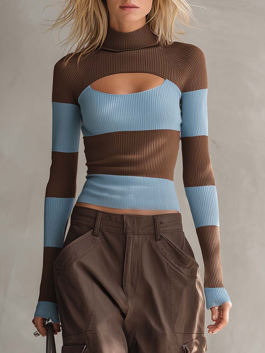 Y2K Retro Striped Cutout Turtleneck Knit Top & Cargo Pants Two Piece Set