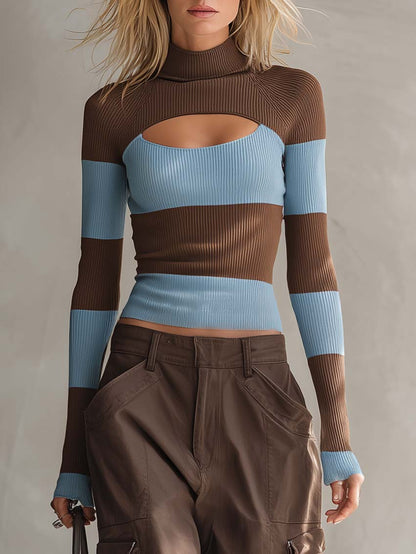 Y2K Retro Striped Cutout Turtleneck Knit Top & Cargo Pants Two Piece Set