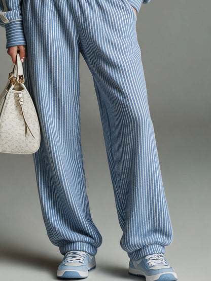 Casual Retro Lace-trimmed Blue Striped Stand-collar Sweatshirt And Pants Set