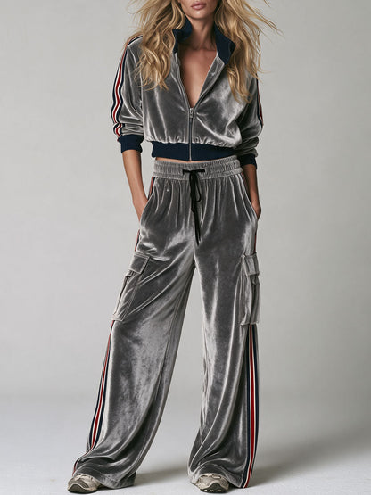 Casual Retro Color-blocked Webbing Gray Stand-collar Velvet Jacket And Trousers Set