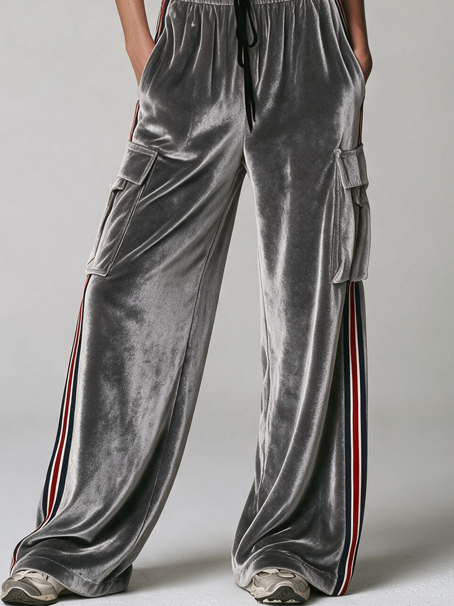 Casual Retro Color-blocked Webbing Gray Stand-collar Velvet Jacket And Trousers Set