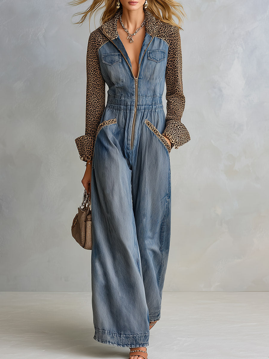 Women's Denim Wide-Leg Jumpsuit with Leopard Print Contrast Sleeves
