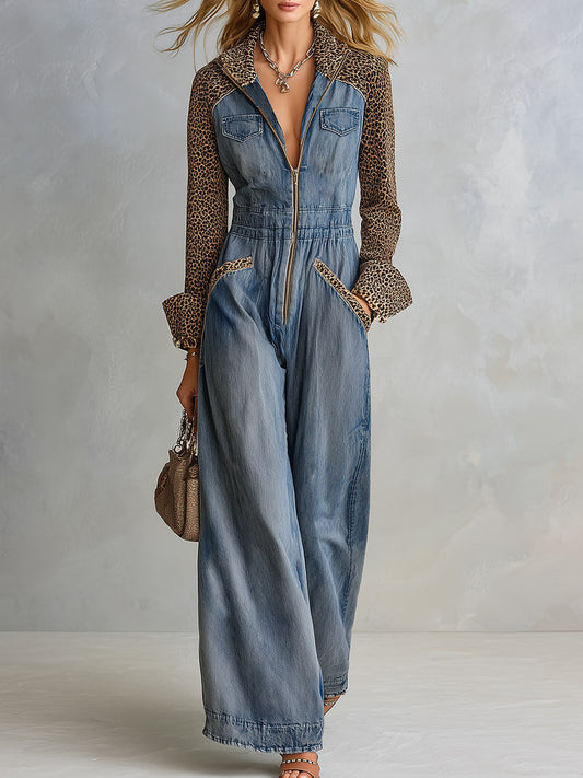 Women's Denim Wide-Leg Jumpsuit with Leopard Print Contrast Sleeves