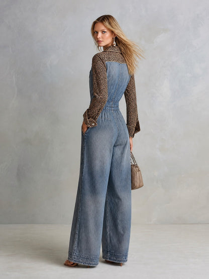 Women's Denim Wide-Leg Jumpsuit with Leopard Print Contrast Sleeves