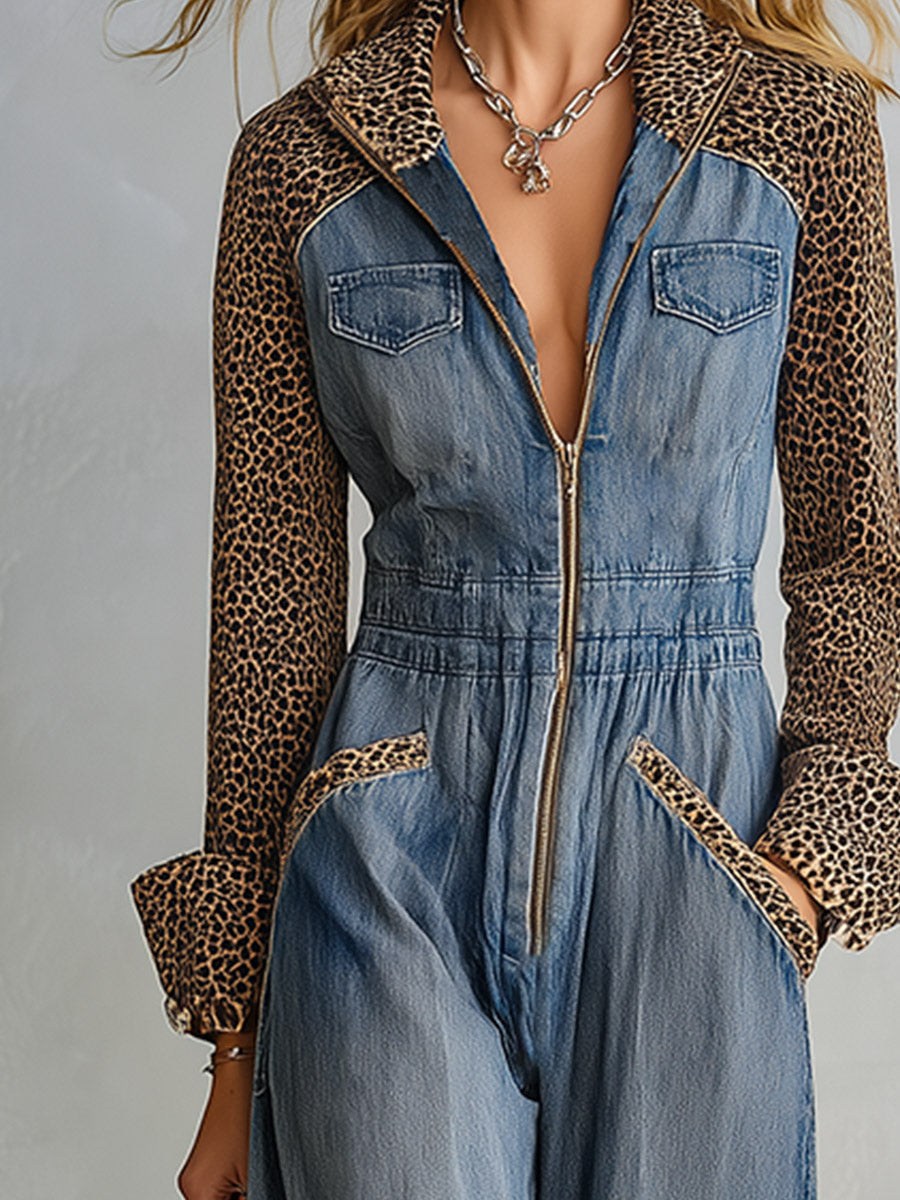 Women's Denim Wide-Leg Jumpsuit with Leopard Print Contrast Sleeves