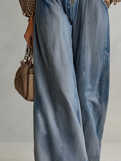 Women's Denim Wide-Leg Jumpsuit with Leopard Print Contrast Sleeves