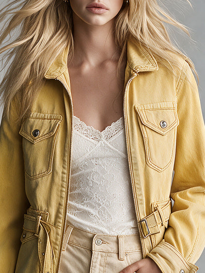 Retro Yellow Collared Zip-up Belt Multi-pocket Denim Jacket