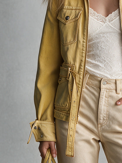 Retro Yellow Collared Zip-up Belt Multi-pocket Denim Jacket