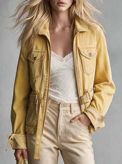 Retro Yellow Collared Zip-up Belt Multi-pocket Denim Jacket