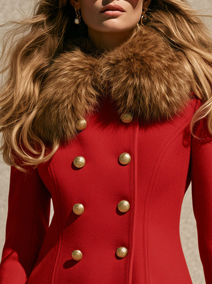 Stylish Retro Faux Fur Collar Red Double-breasted Wool Short Coat