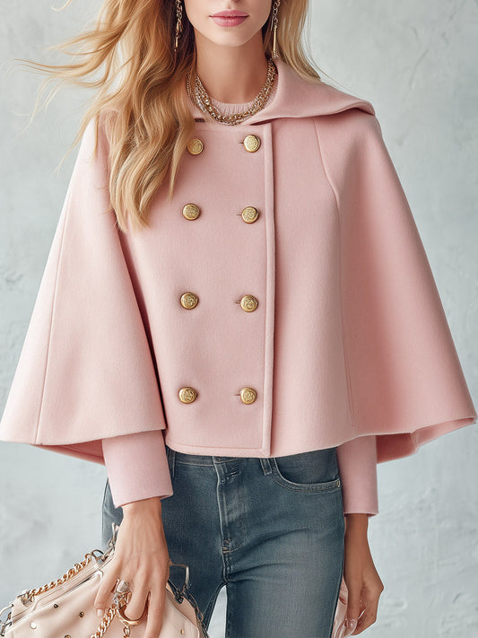 Women's Elegant Pink Double-Breasted Wool-Blend Cape Coat