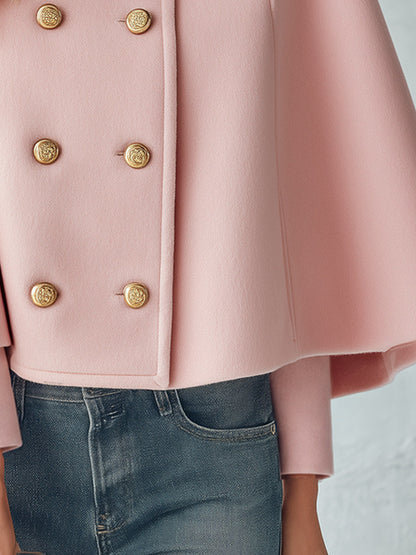 Women's Elegant Pink Double-Breasted Wool-Blend Cape Coat
