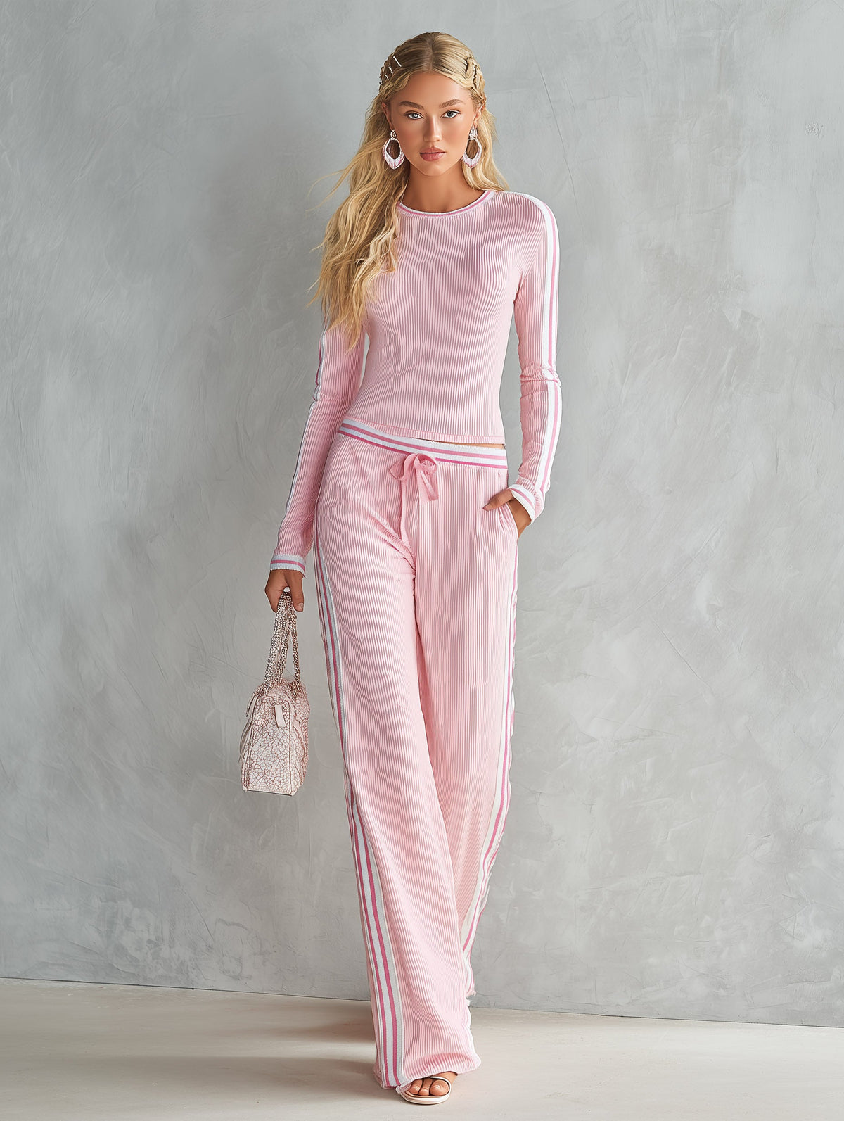 Casual Urban Striped-Trim Pink Ribbed Knit Long-Sleeve T-Shirt And Wide-Leg Pants Set
