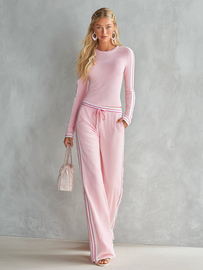 Casual Urban Striped-Trim Pink Ribbed Knit Long-Sleeve T-Shirt And Wide-Leg Pants Set