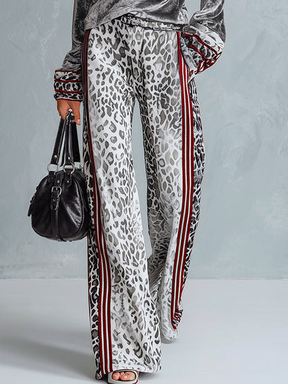 Chic Casual Striped Trim Grey T-shirt And Leopard-print Wide-leg Trousers Velvet Set