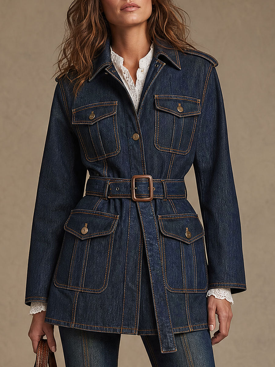 Women's Casual Multi-Pocket Drawstring Denim Work Jacket