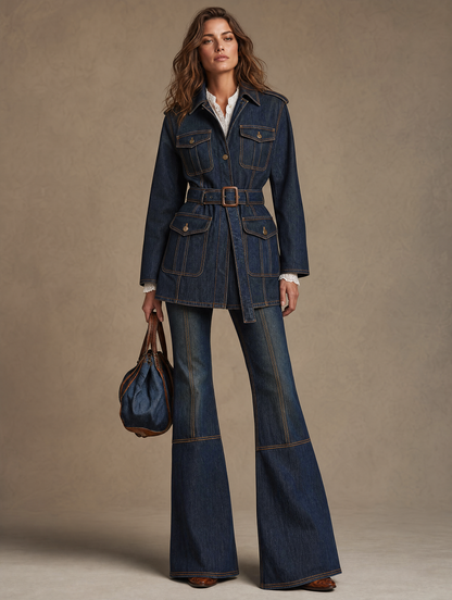 Women's Casual Multi-Pocket Drawstring Denim Work Jacket