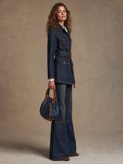 Women's Casual Multi-Pocket Drawstring Denim Work Jacket