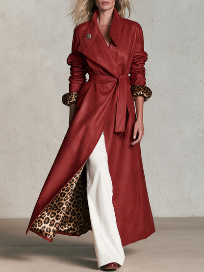 Retro-elegant Leopard Print Lining Red Belted Faux Leather Coat