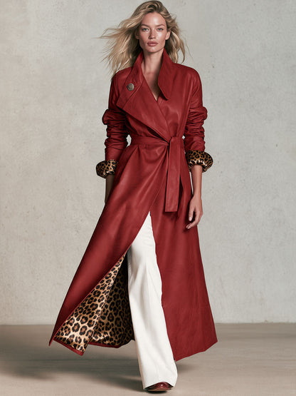 Retro-elegant Leopard Print Lining Red Belted Faux Leather Coat