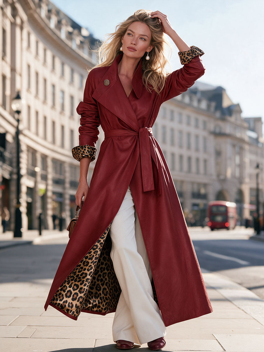 Retro-elegant Leopard Print Lining Red Belted Faux Leather Coat
