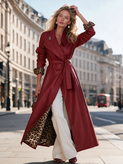 Retro-elegant Leopard Print Lining Red Belted Faux Leather Coat