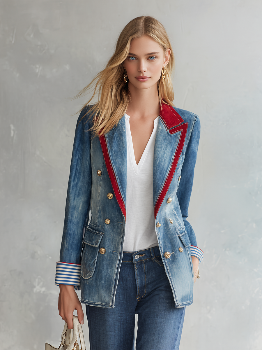 Women’s Double Breasted Denim Blazer With Red Lapel Trim