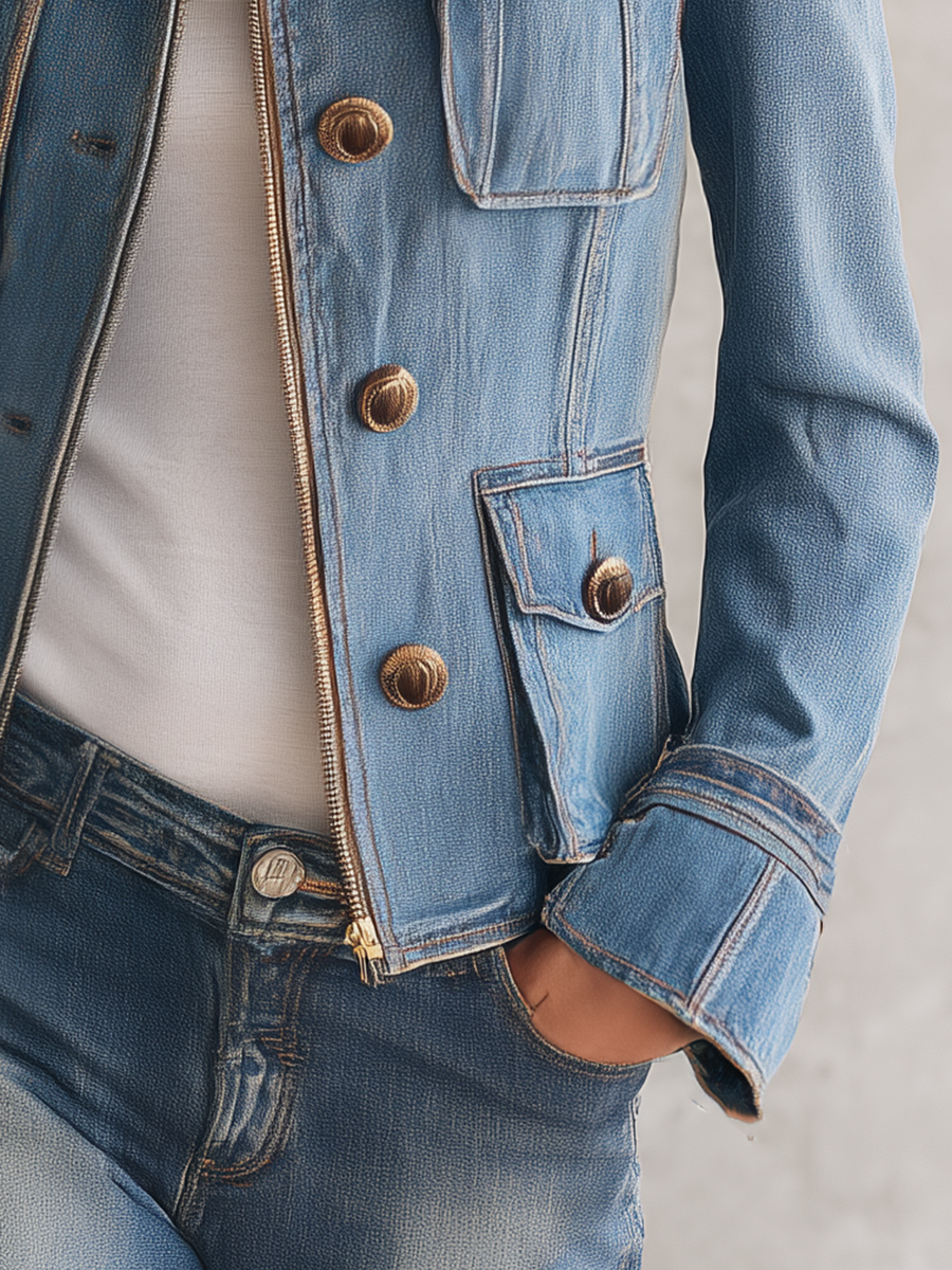 Hunting Denim Jacket With Gold Zipper Placket