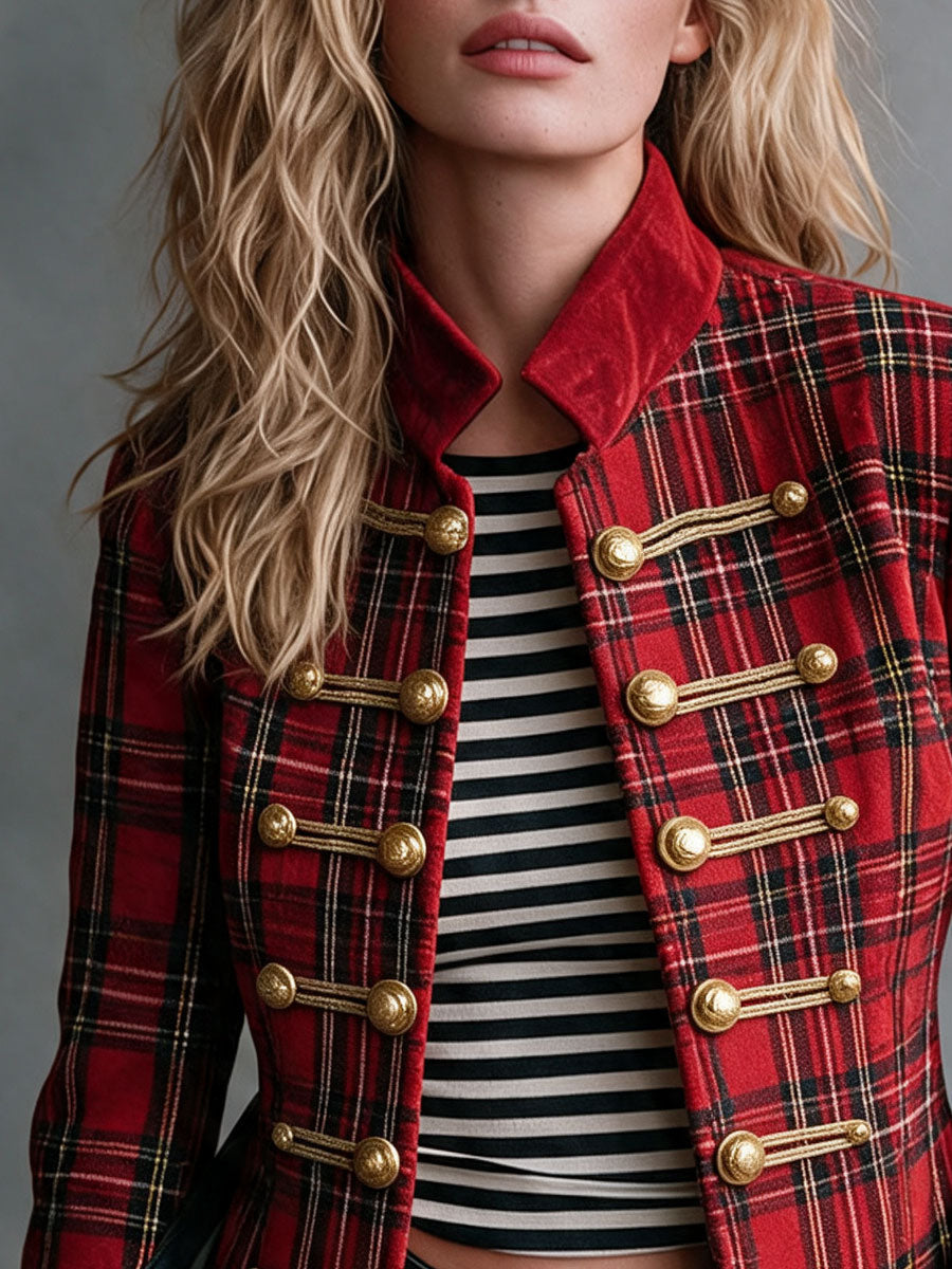 Retro Red Plaid Frog Button Faux Suede Jacket