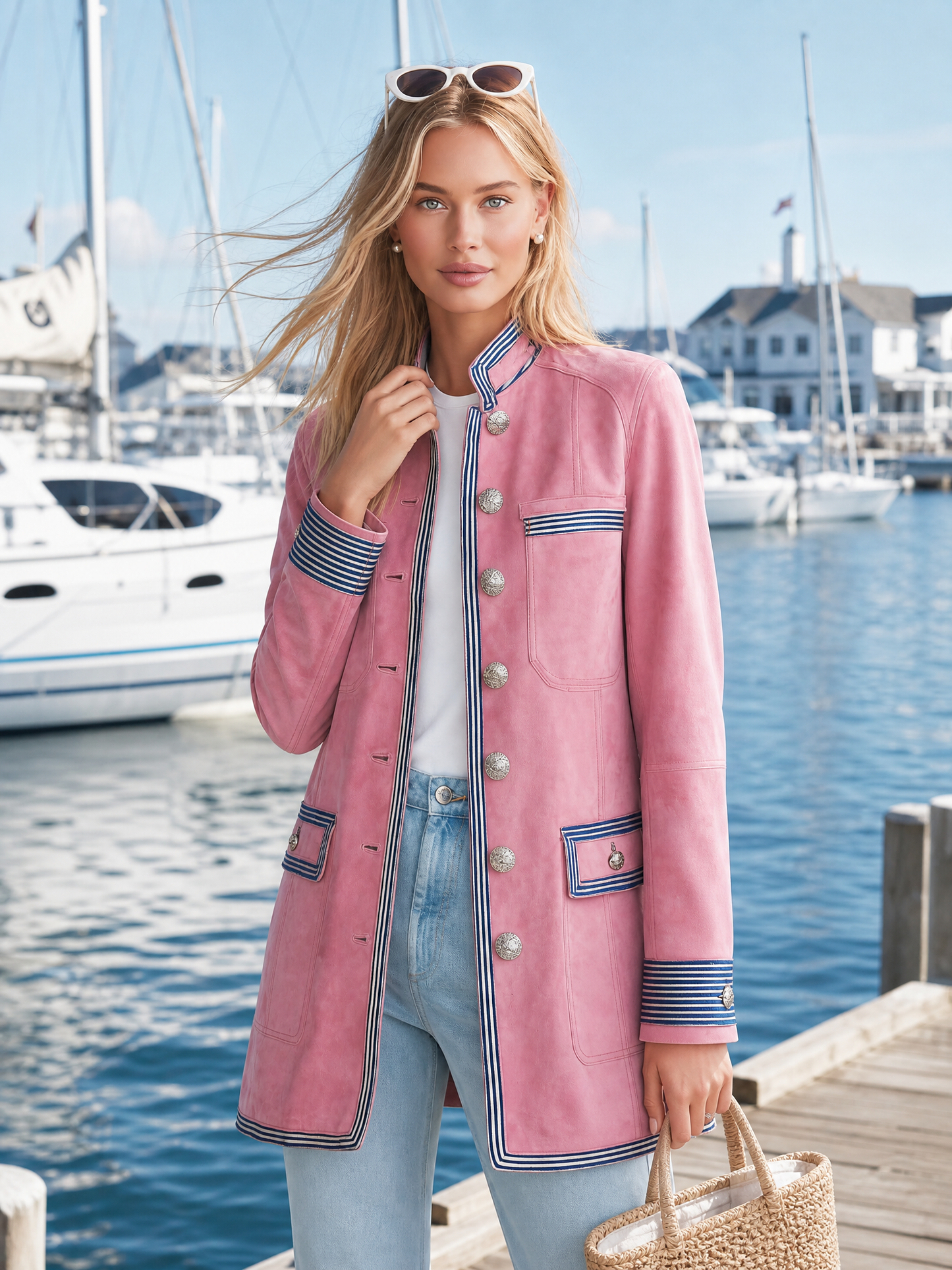 Vintage Military Pink Faux Suede Coat Women Striped Trim Silver Button Longline