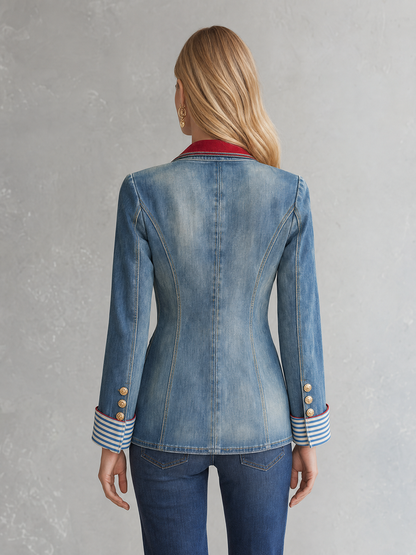 Women’s Double Breasted Denim Blazer With Red Lapel Trim