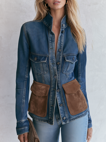 Fitted Denim Utility Jacket With Suede Pockets