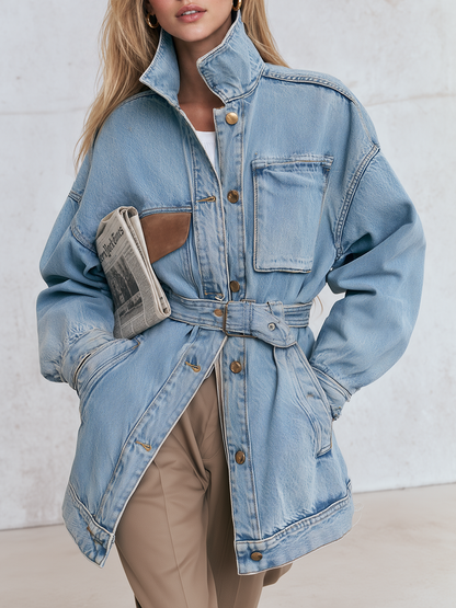 Belted Oversized Denim Utility Jacket For Women
