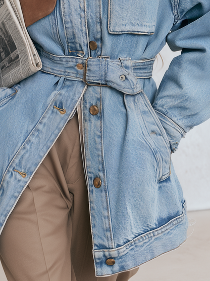 Belted Oversized Denim Utility Jacket For Women