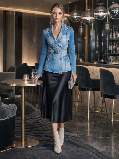 Women's Blue Denim Blazer Jacket Belted Double-Breasted Fitted Western