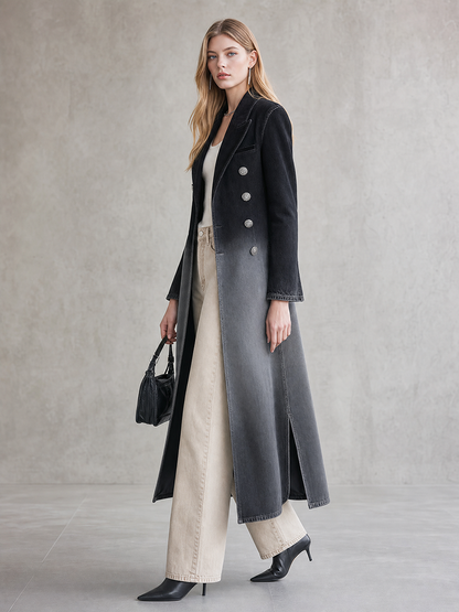 Women's Ombre Denim Trench Coat Long Double-Breasted Fitted Overcoat