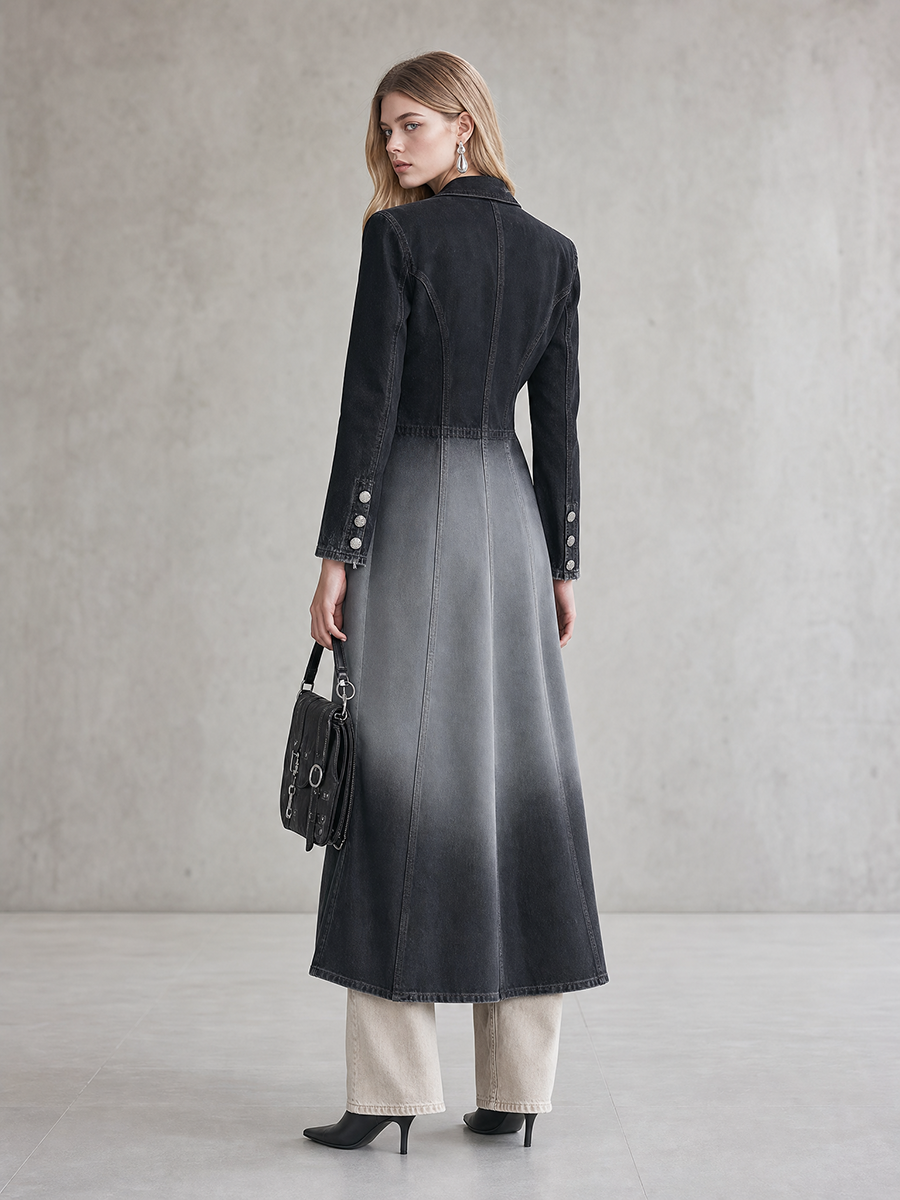 Women's Ombre Denim Trench Coat Long Double-Breasted Fitted Overcoat