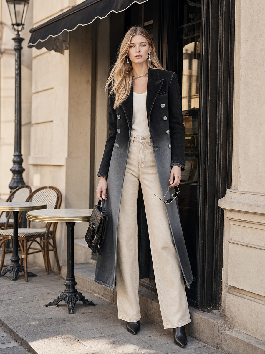 Women's Ombre Denim Trench Coat Long Double-Breasted Fitted Overcoat